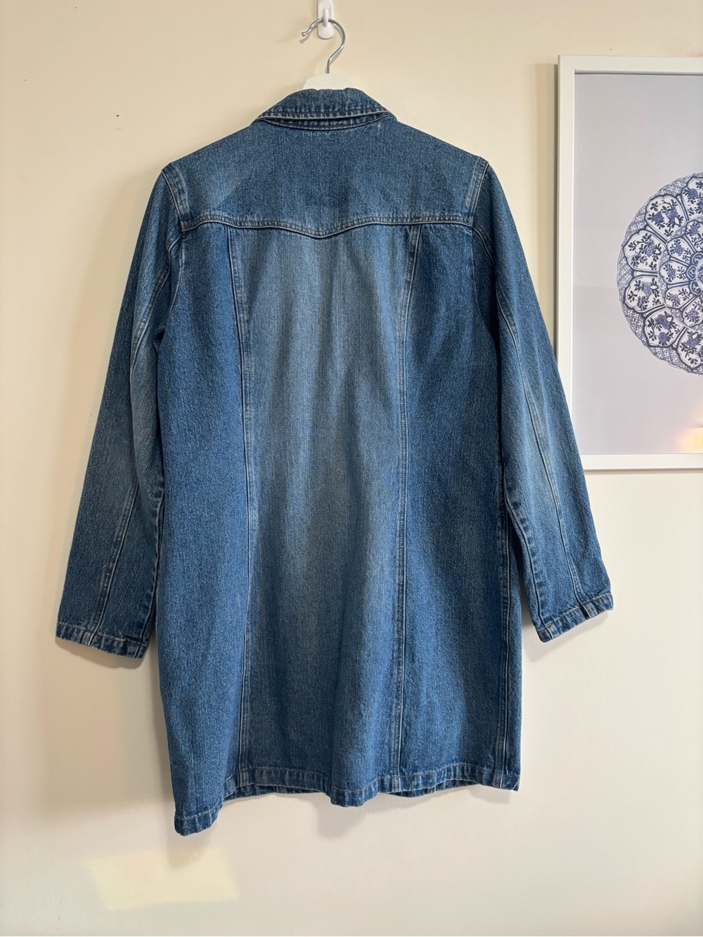 Contrast Jeans Denim Duster Trench Coat Long Jacket Y2K | Size L - Picture 3 of 5